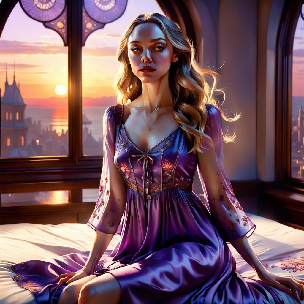 Sunset Silhouette: Woman in Bed, Digital Art