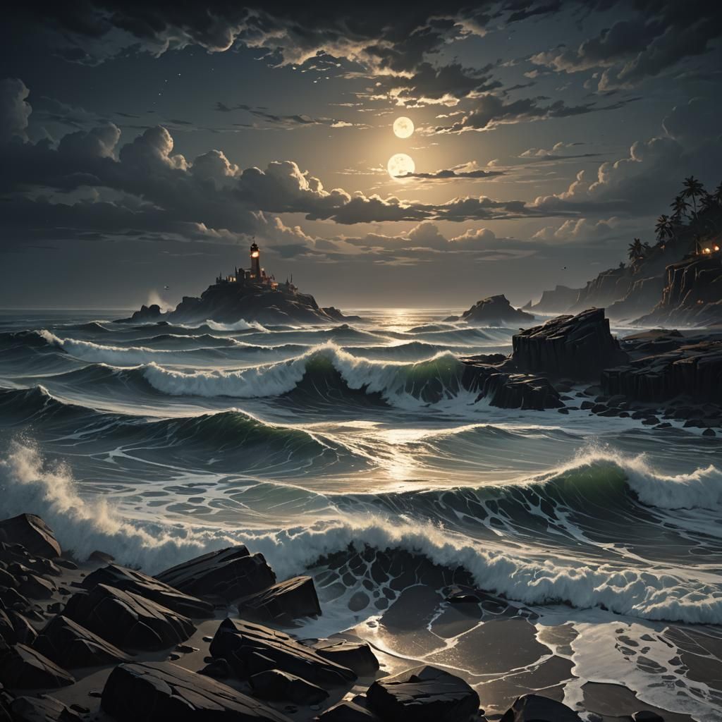 Dark Fantasy Shoreline at Night in 8K