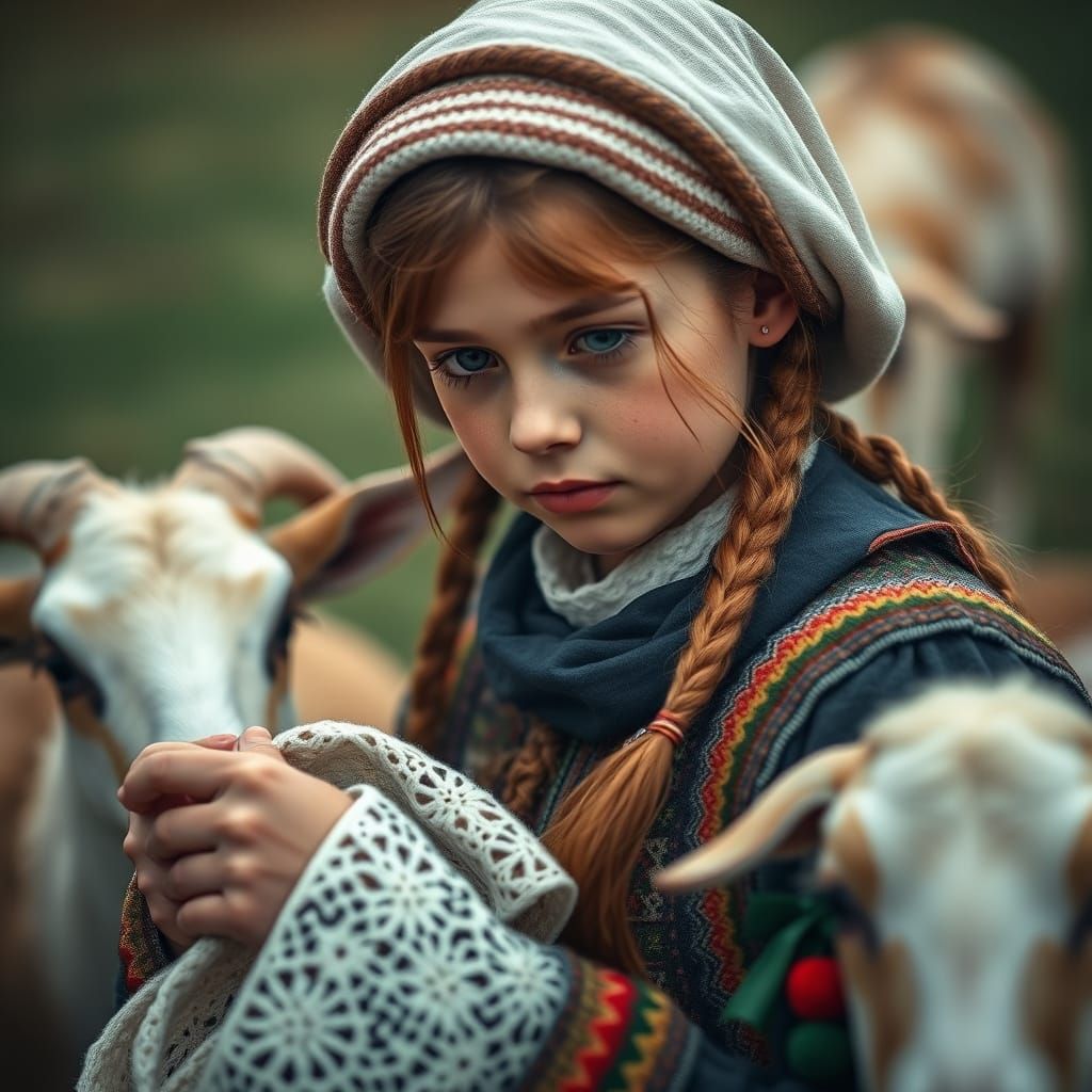 Young Russian Cossack Girl in Traditional Knitting with Goat...