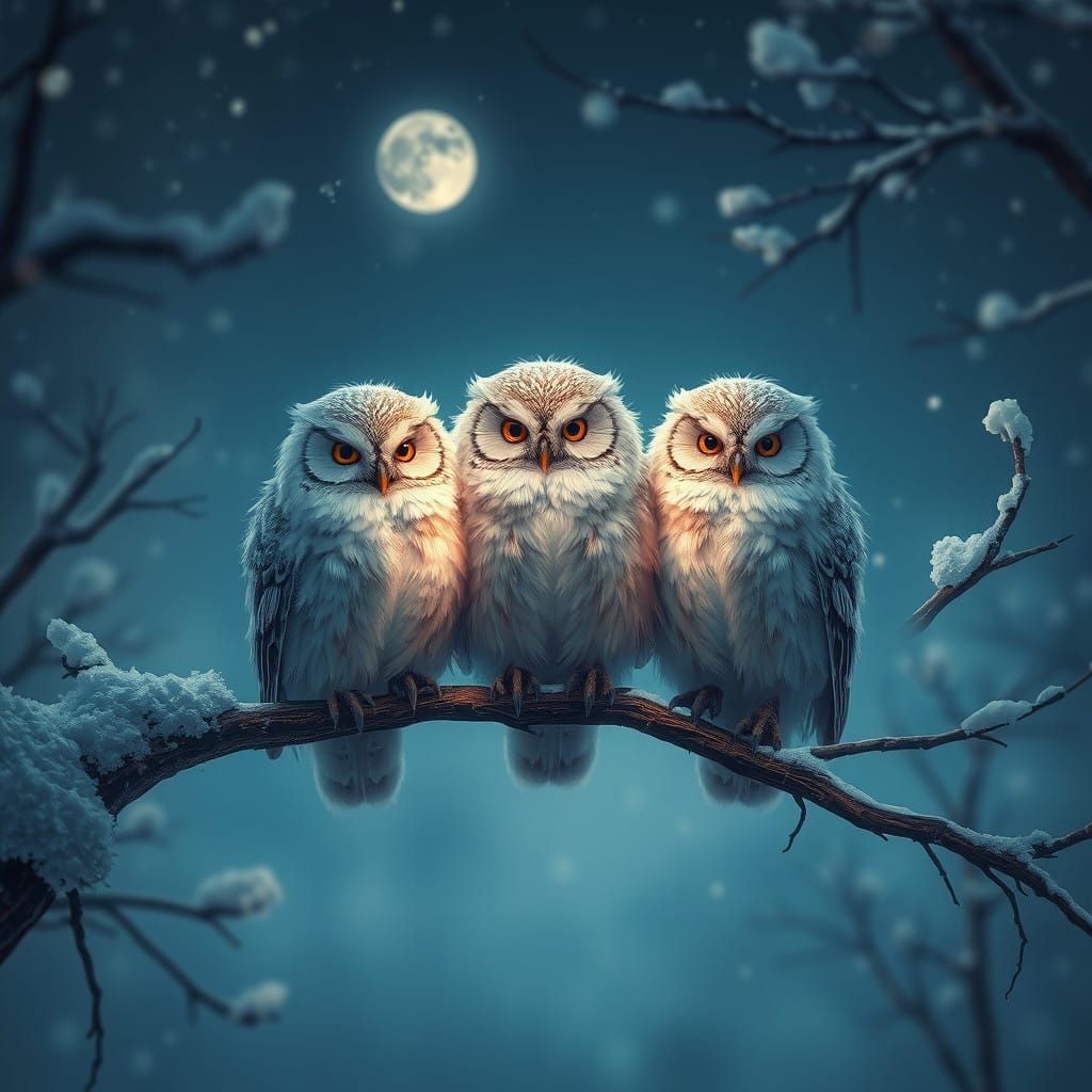 Fantastical Winter Scene with Fluffy Owls in Deep Color