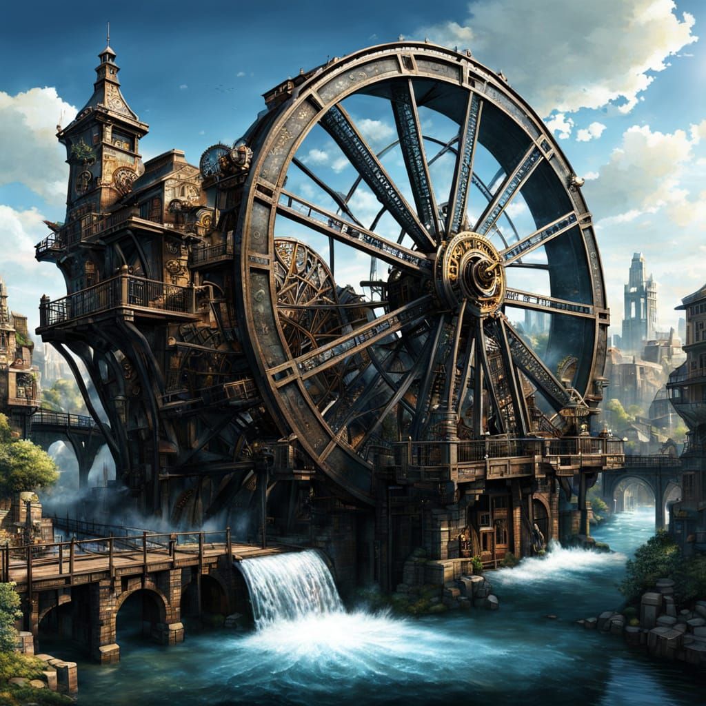 Steampunk Water Wheel Fantasy Cityscape