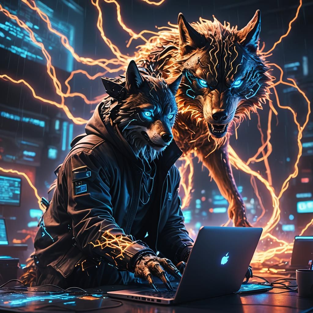 Hacker Wolf in Cyberpunk Cityscape Digital Art
