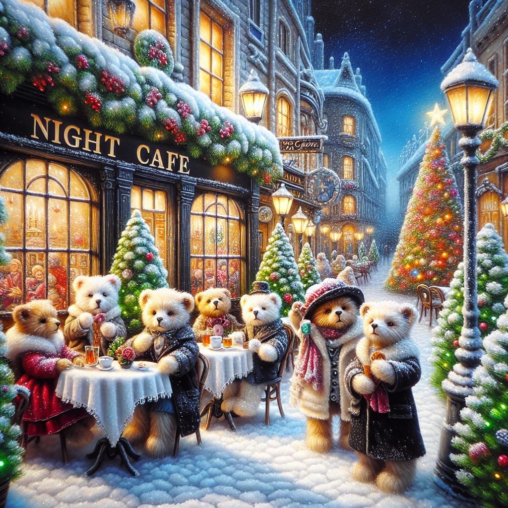Whimsical Victorian Teddy Bears Gather at a Snowy Night Cafe