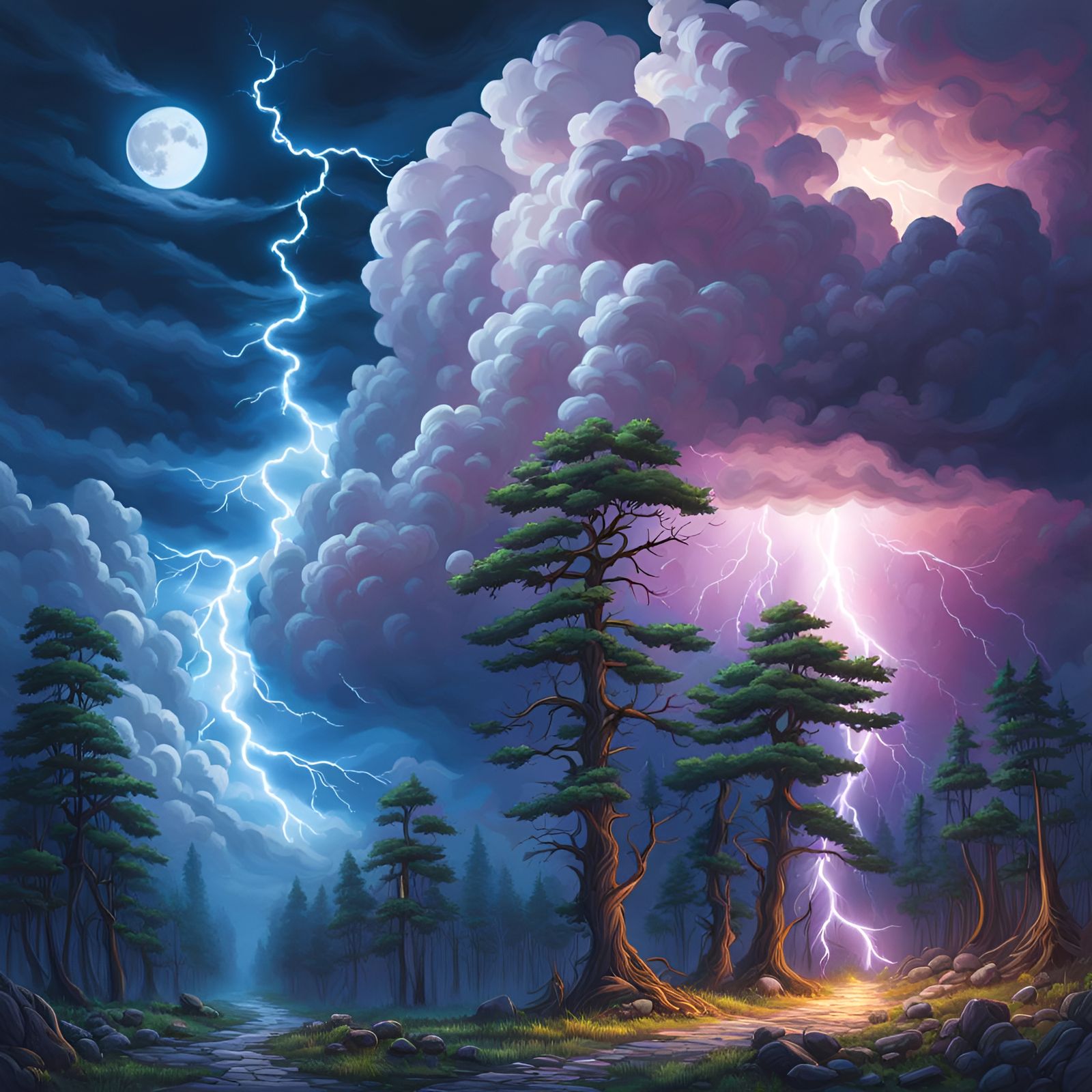 Path through Fantasy forest, Huge bolts of lightning, lightning fills the sky, intricate piles of cumulus clouds, moon...
