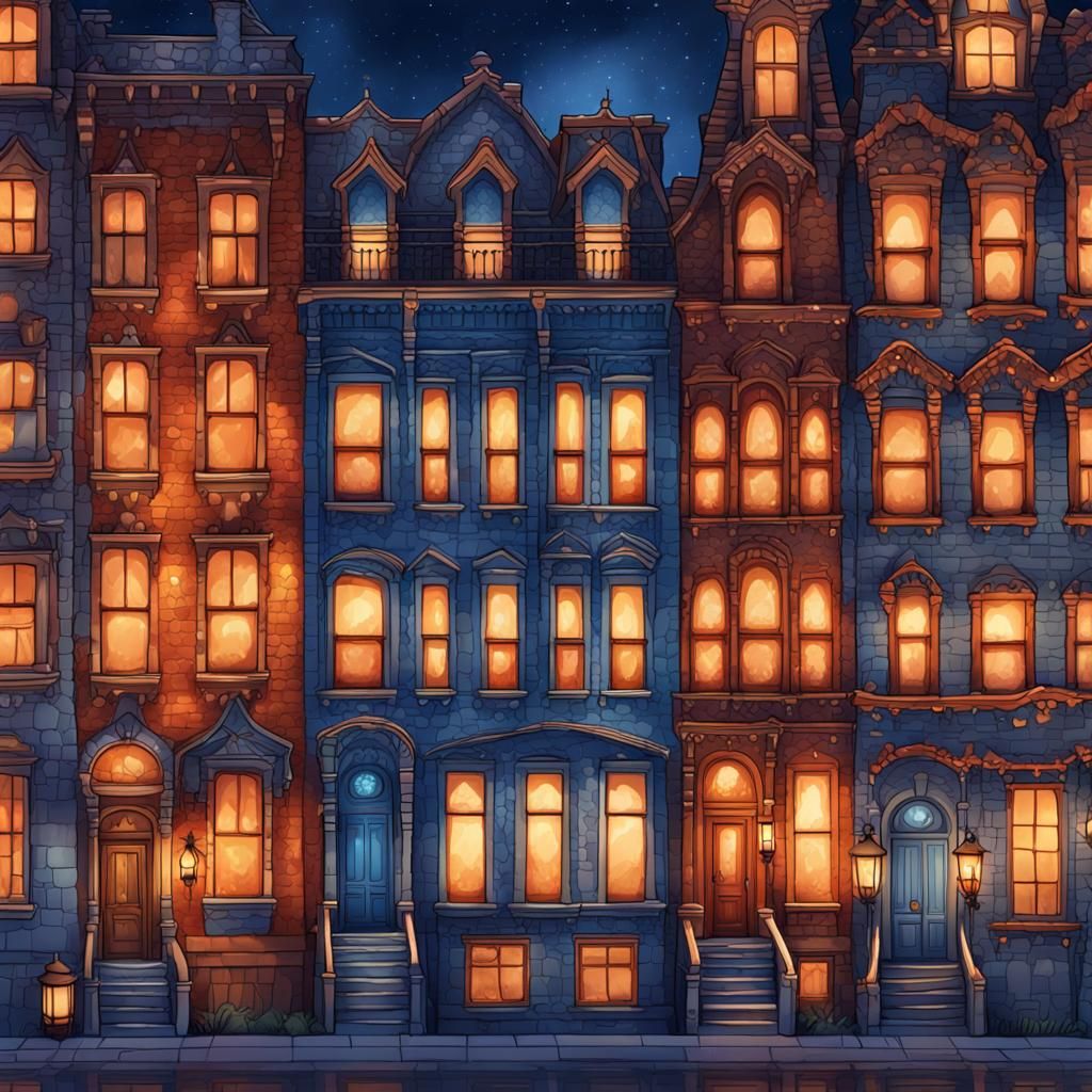 Nighttime Brownstone Row in Art Nouveau Watercolor