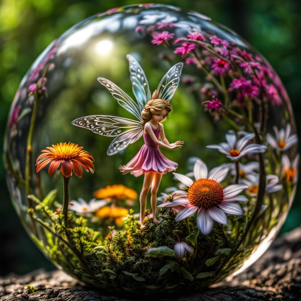 Fairy in Glass Sphere: Hyperrealistic Forest Scene