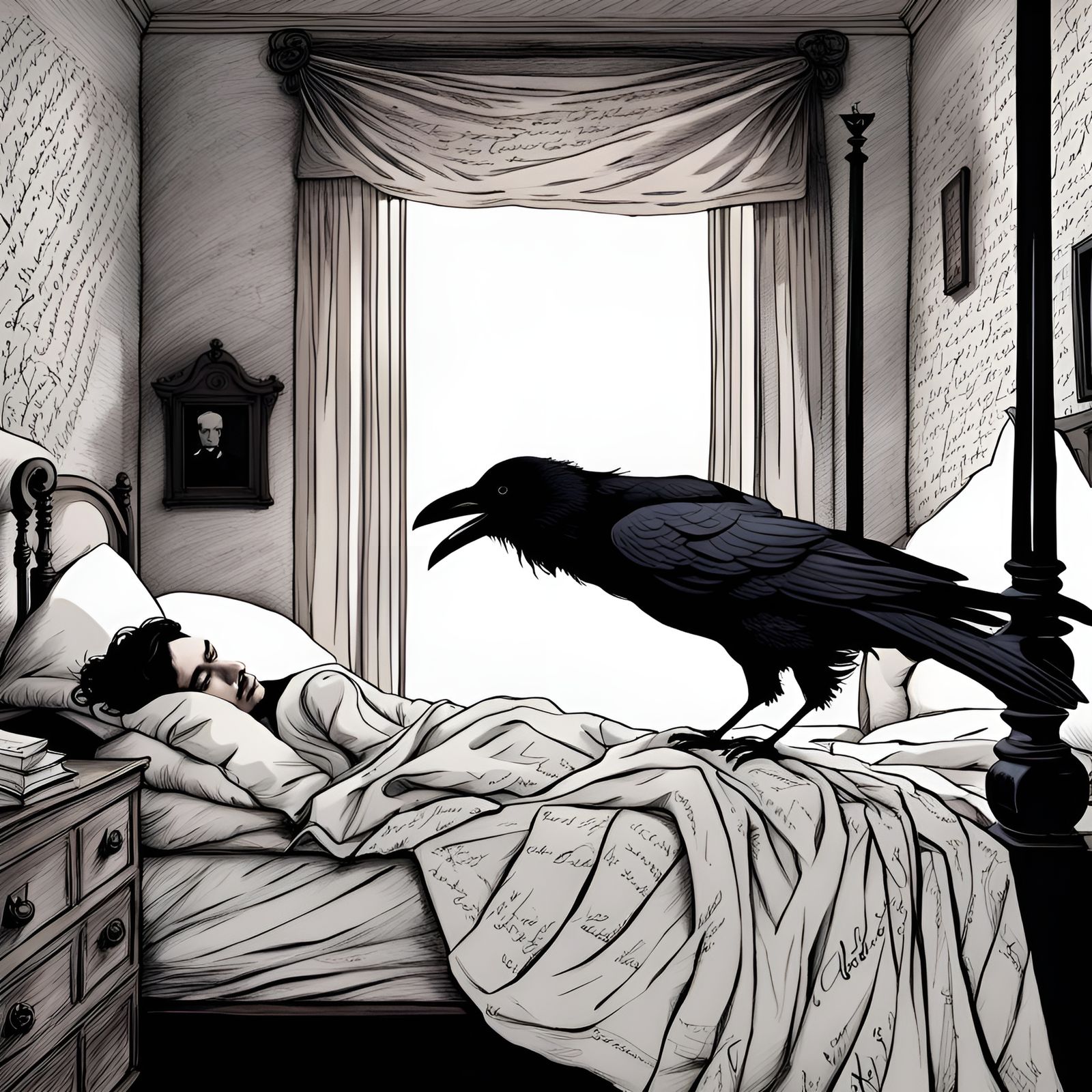 Raven Perched Above Sleeper Covered in Poetry