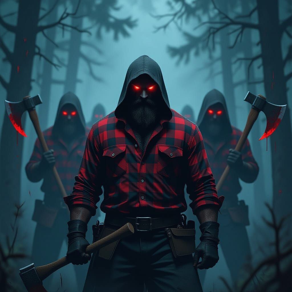 Eerie Lumberjacks in Ominous Forest, Rutkowski Style