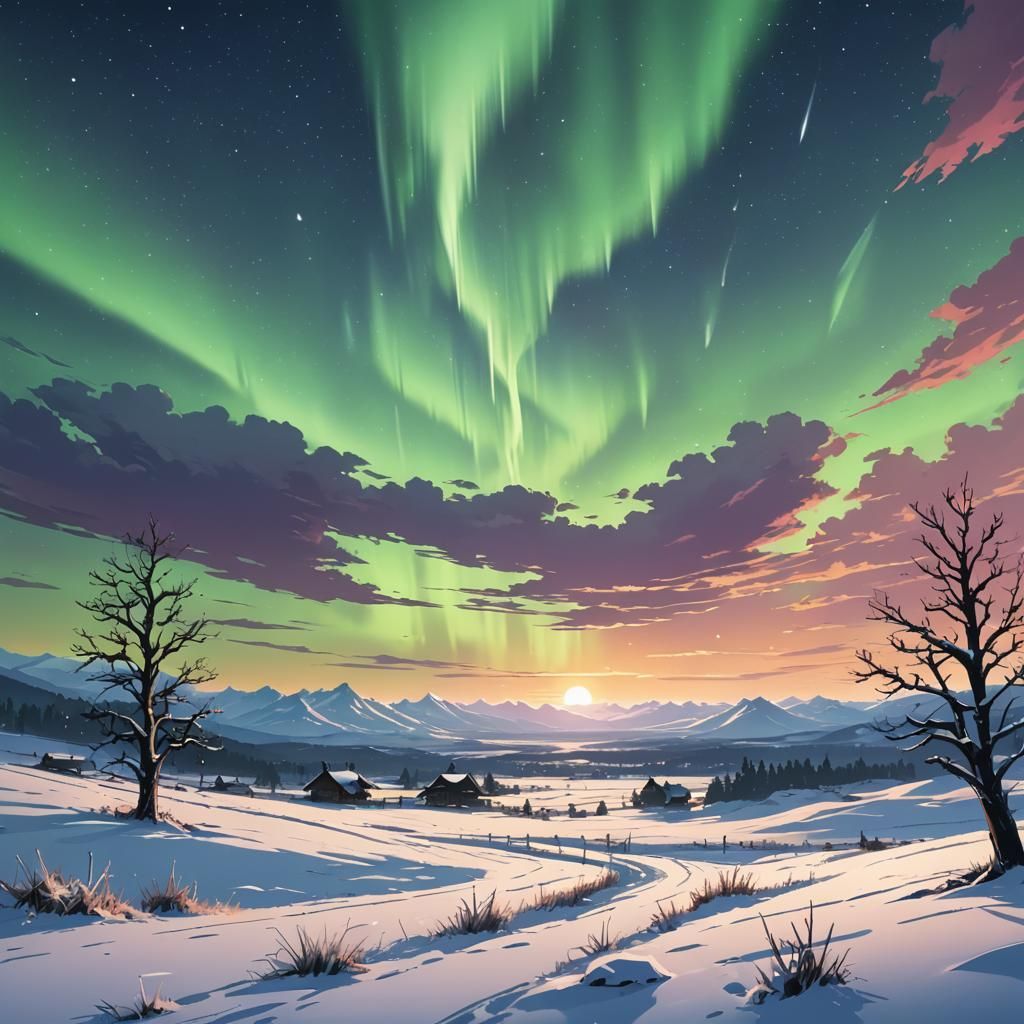 Snowy Aurora Plain in Anime Style
