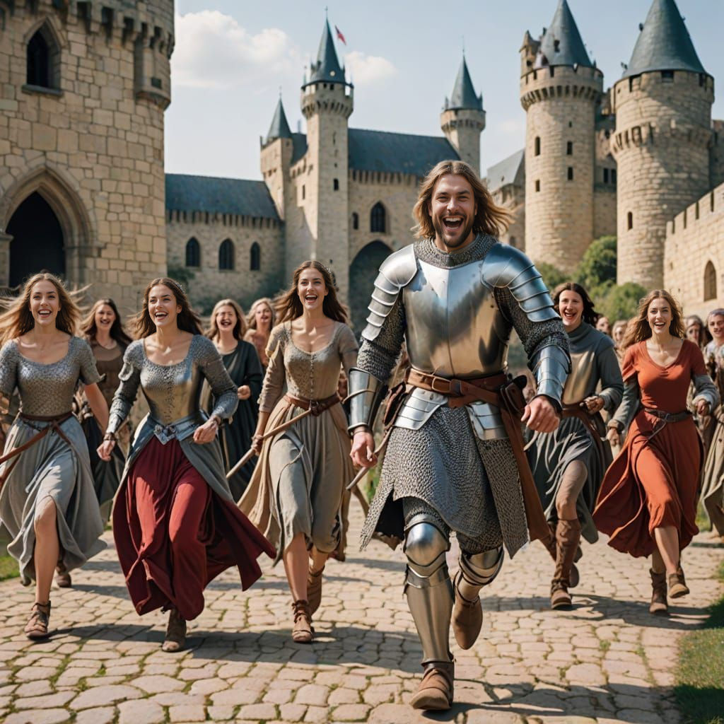 Chivalrous Knight Flees Adoring Ladies in Vibrant Medieval C...