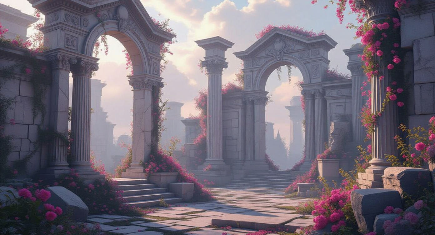 Woman in Surreal Ruins with Fuchsia Flora