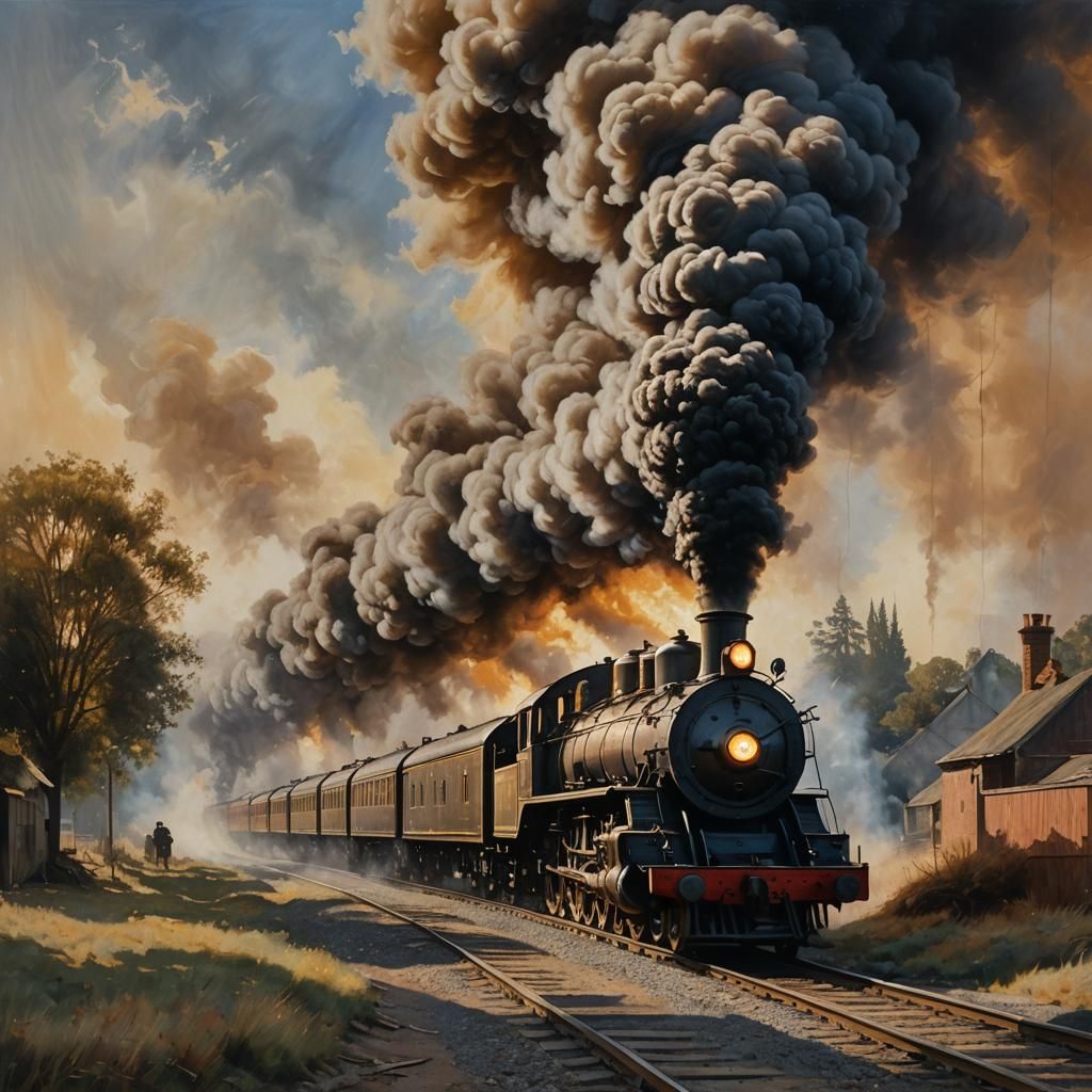 Vintage Steam Train in Atmospheric Oil Painting