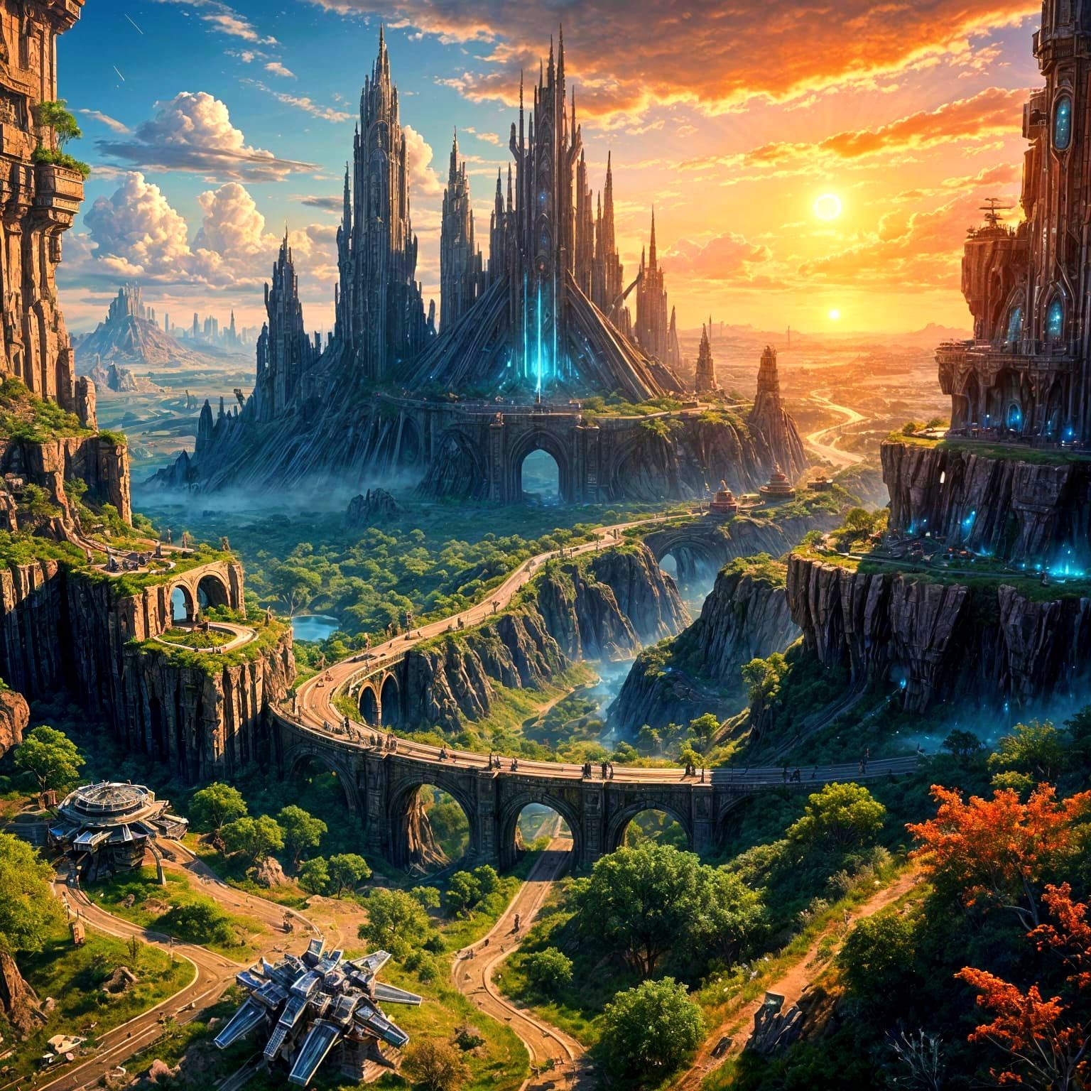 Merging Realms at Dawn: A Futuristic Utopian Wasteland