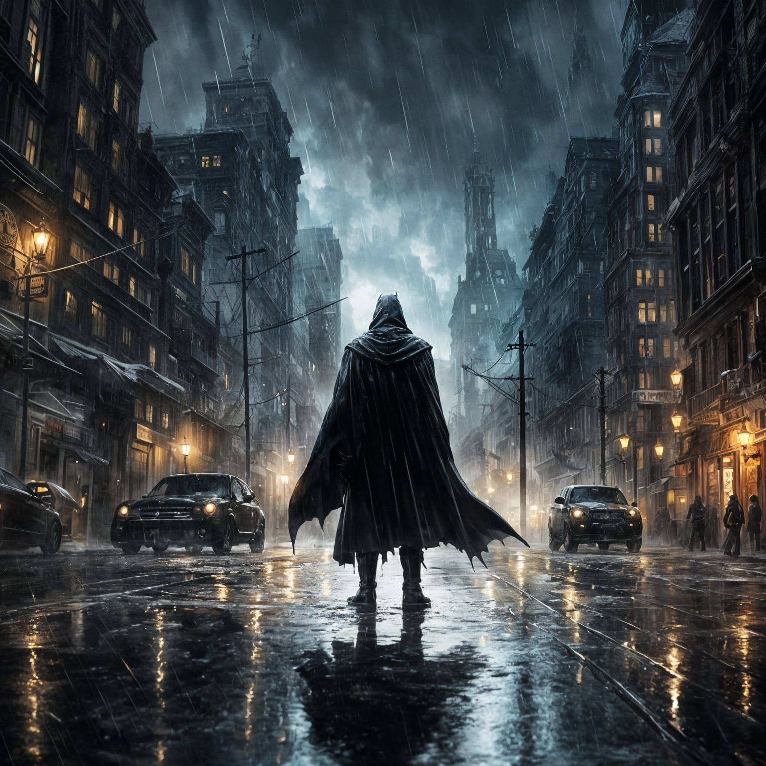 Hatched Drawing of Mysterious Figure in Rainy Night City