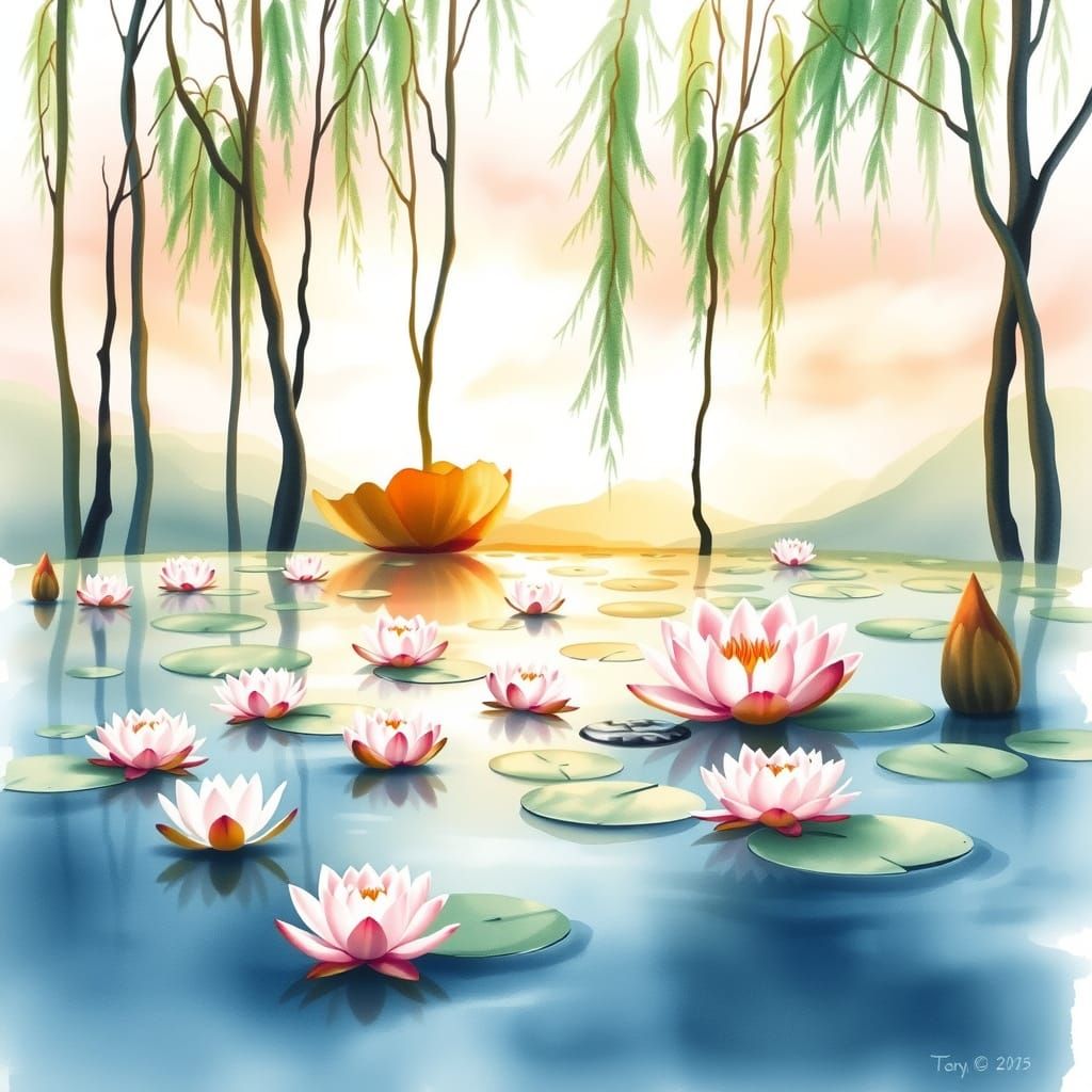 Watercolour Water Lily Pond at Dawn