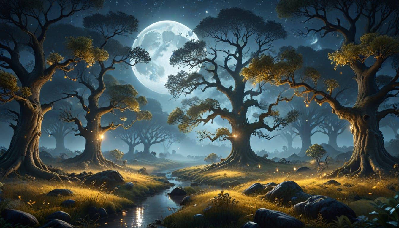 Surreal Moonlit Oak Grove in Vibrant Fantasy Colors