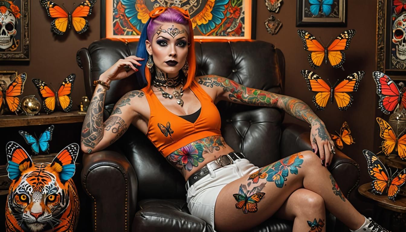 Freak show tattooed Lady wearing orange spandex shorts