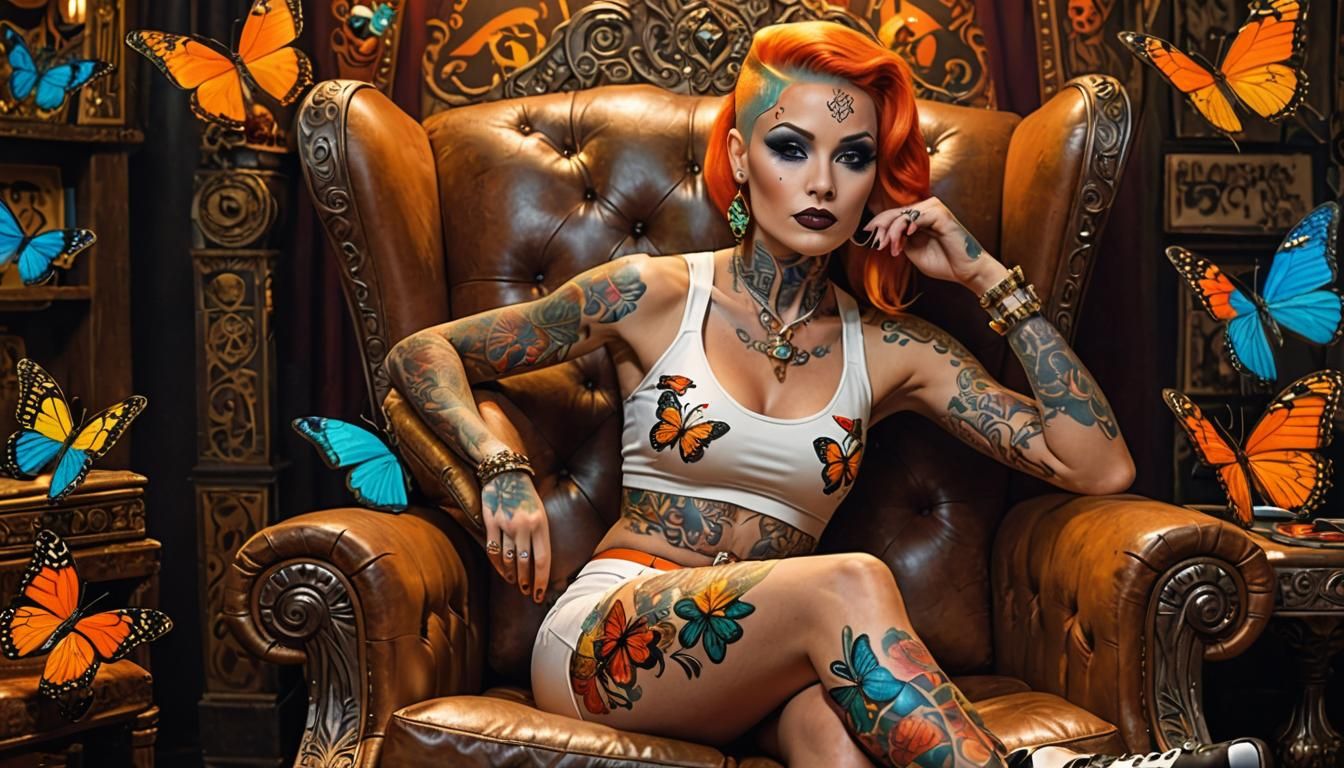 Freak show tattooed Lady wearing orange spandex shorts