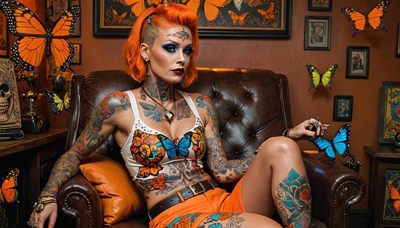 Freak show tattooed Lady wearing orange spandex shorts