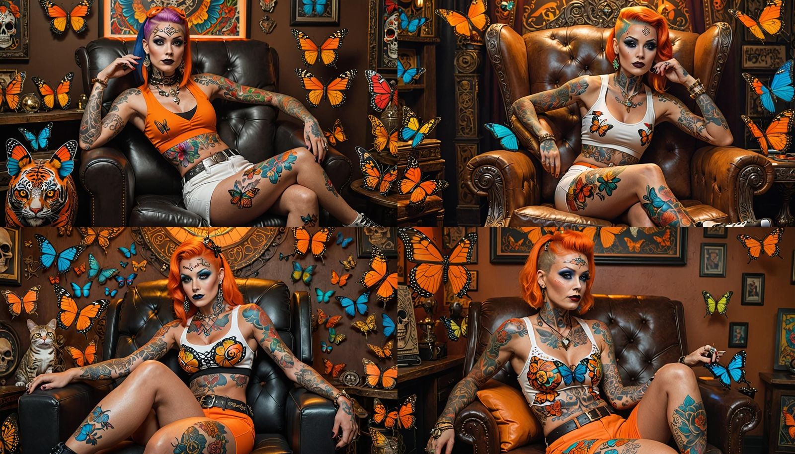 Freak show tattooed Lady wearing orange spandex shorts