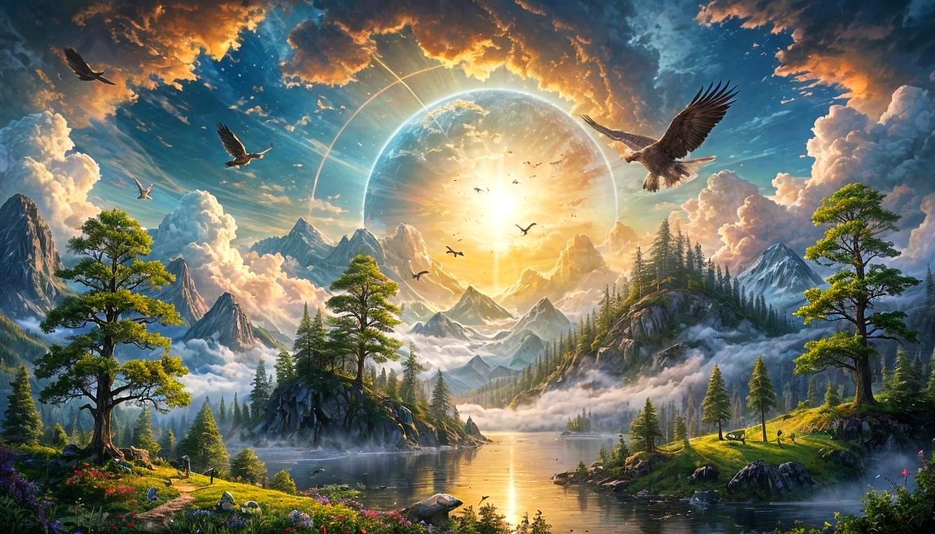 Surreal Floating Planet with Eagle in Ethereal Style