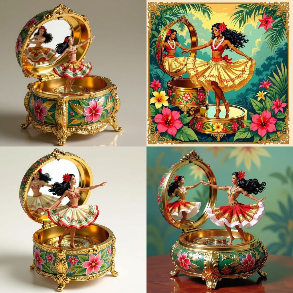 Hawaiian Hula Dancer in Ornate Music Box, Expressive Style