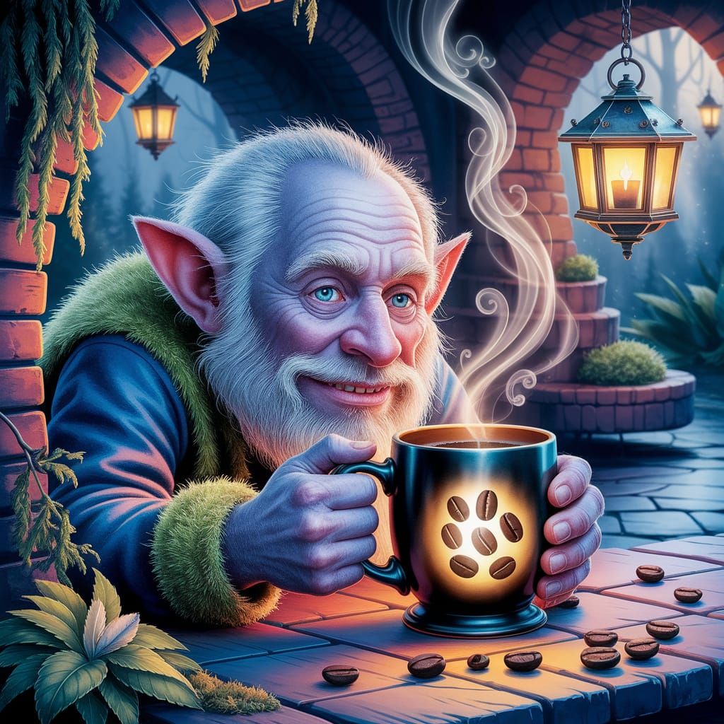 Moss Troll With Glowing Mug Under Bridge