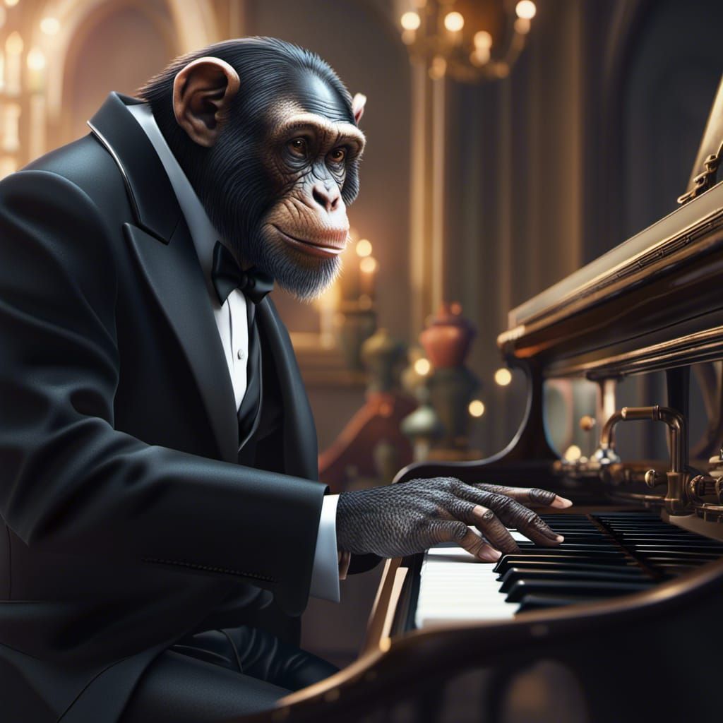 Chimpanzee Pianist in Tuxedo: Detailed Digital Painting