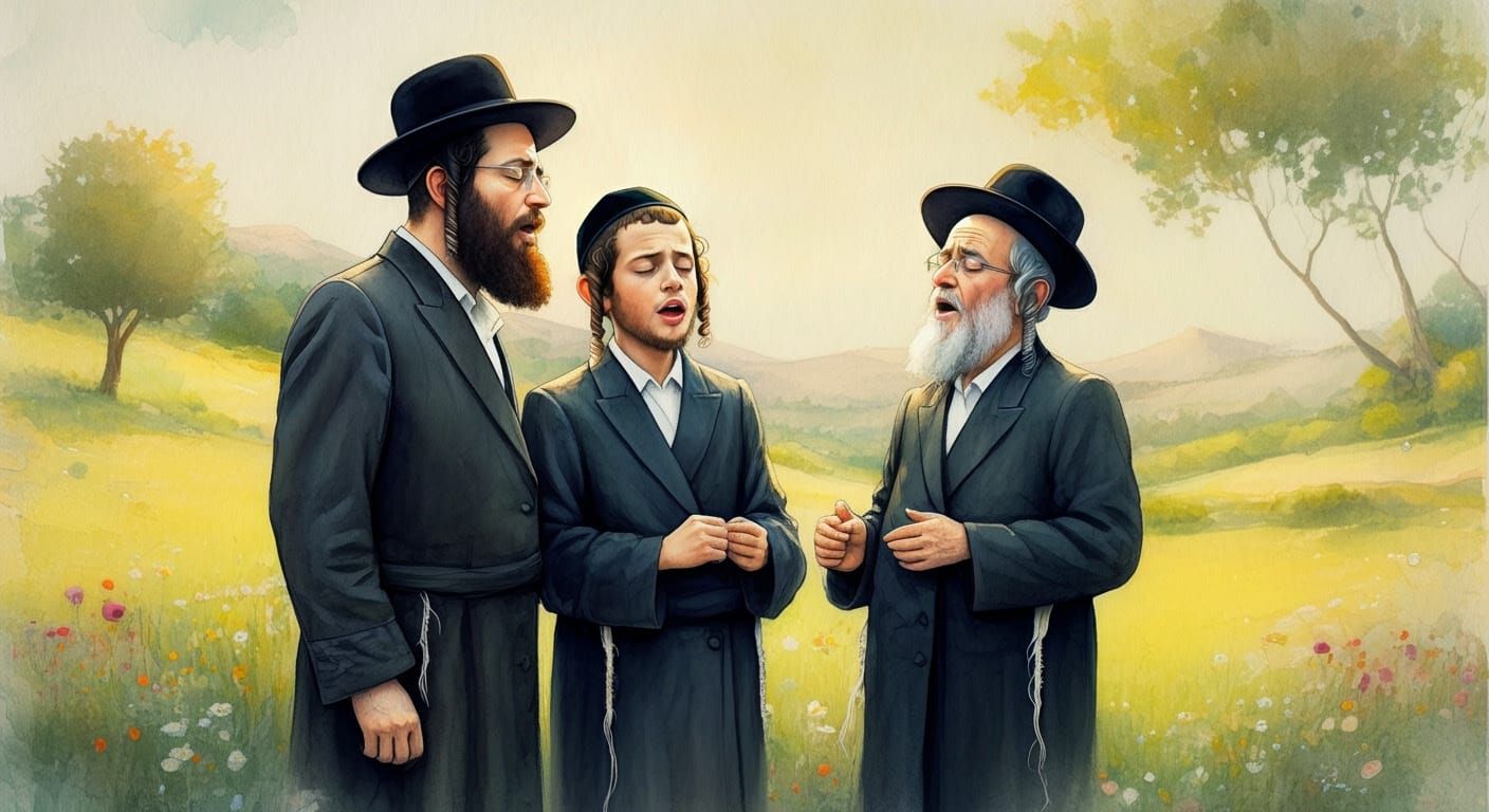 Hasidic Men Singing Outdoors in Watercolor Painting