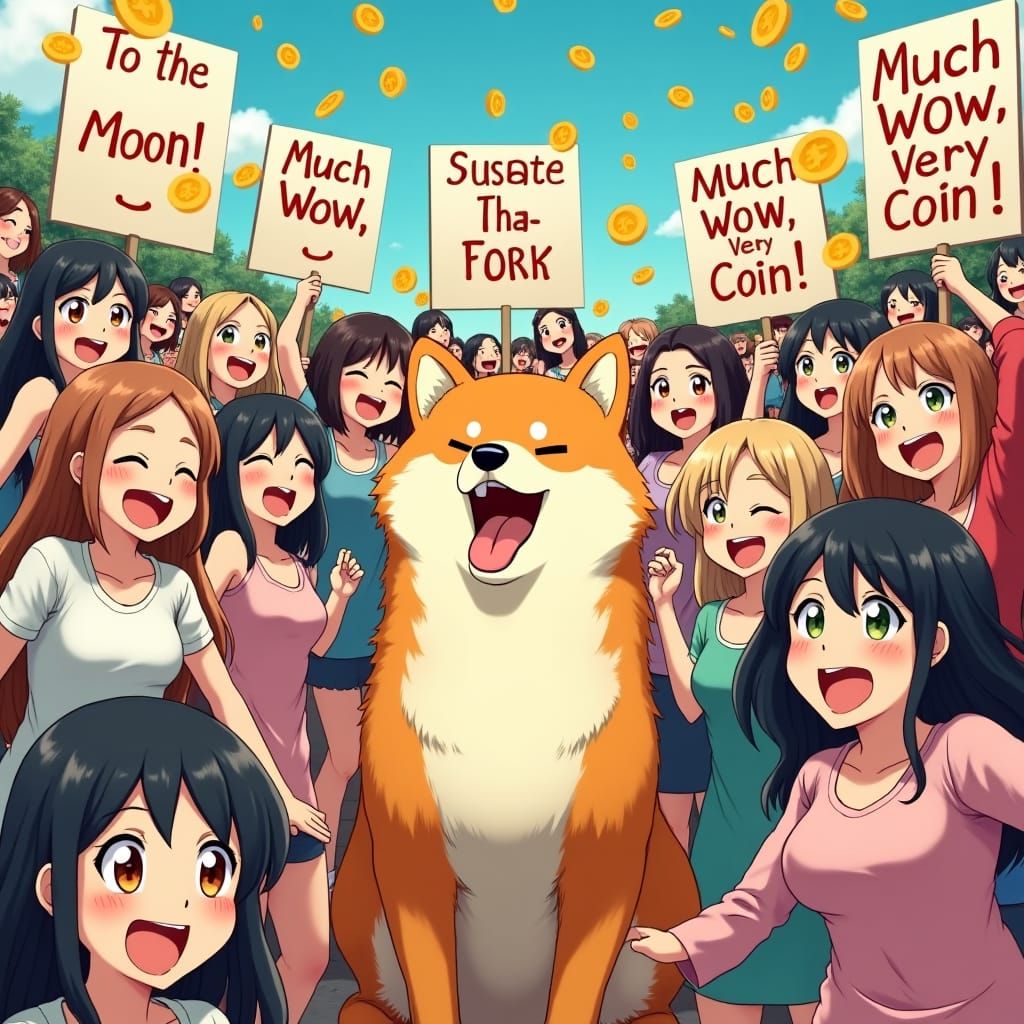 Enthusiastic Anime Women Celebrate Dogecoin