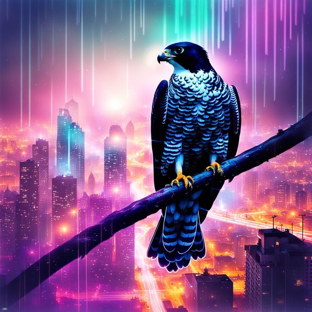 Neon Falcon: Double Exposure City Lights Art
