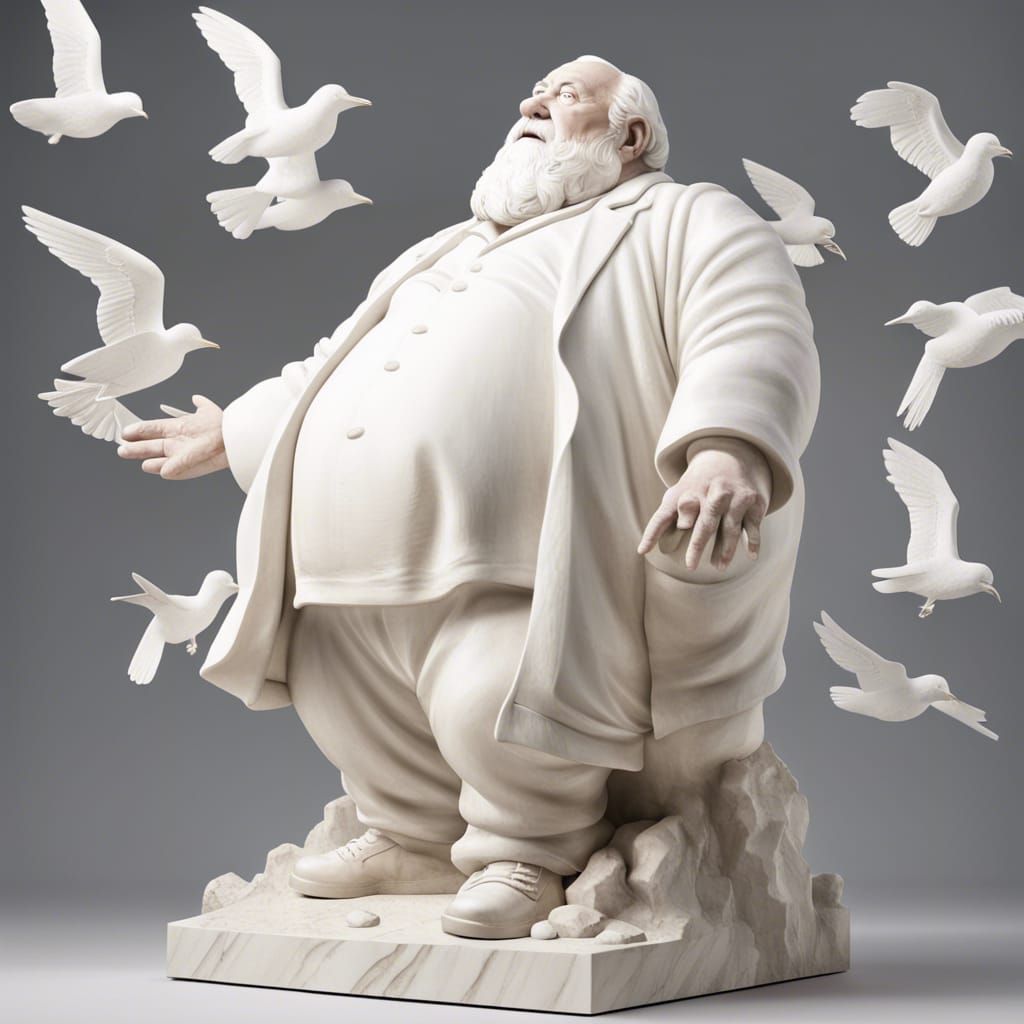 a white full body marble  sculpture of a fat old man in a pose  looking up to the sky in a 45 degree angle, shading the ...