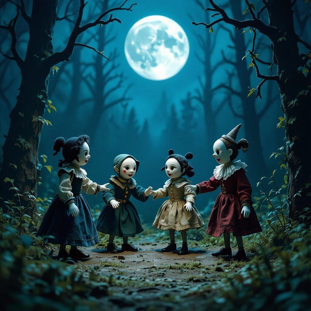 Eerie Puppet Show in Moonlit Forest Clearing