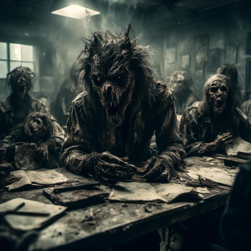 Werewolf Hiding in Class: Hyperrealistic Macabre Horror