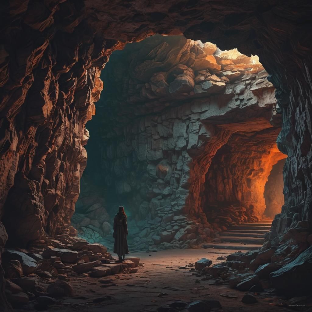 Mystical Cave with Lone Figure in Digital Art