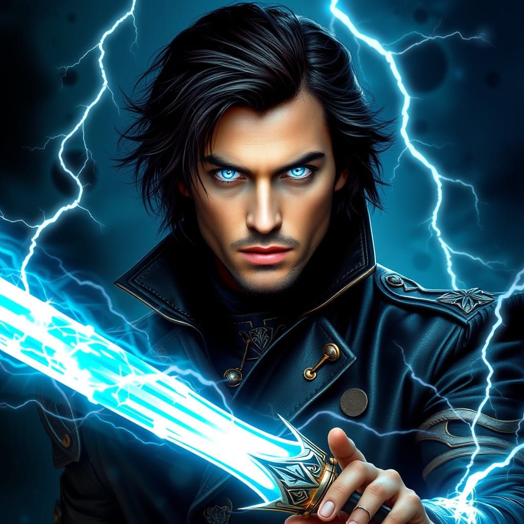 A dark brown haired man with glowing light blue eyes holding a aquamarine energy sword and throws lightning