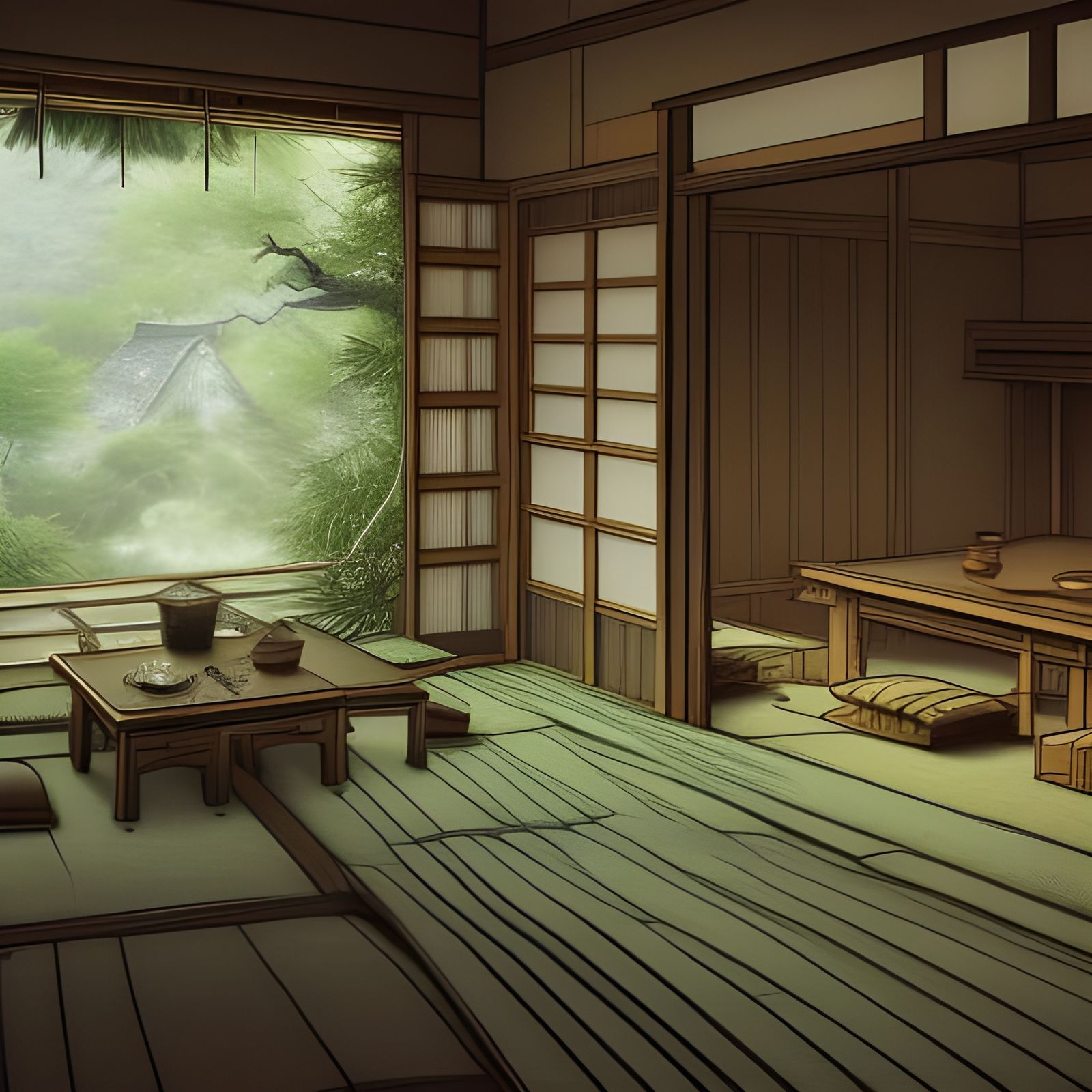Edo Period Japanese Home Interior in Matte Painting Style