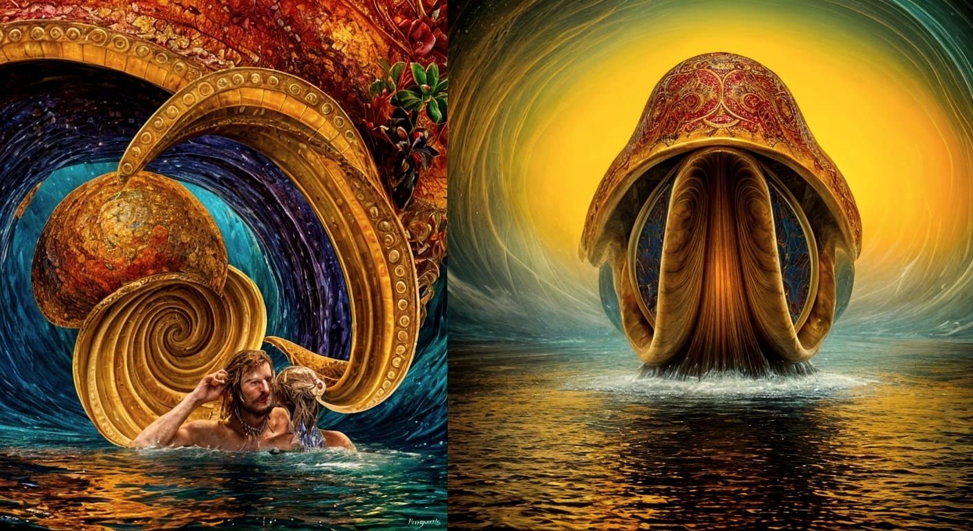 Man with Nautilus Shell, Whimsical Scenery, Romantic Fantasy...