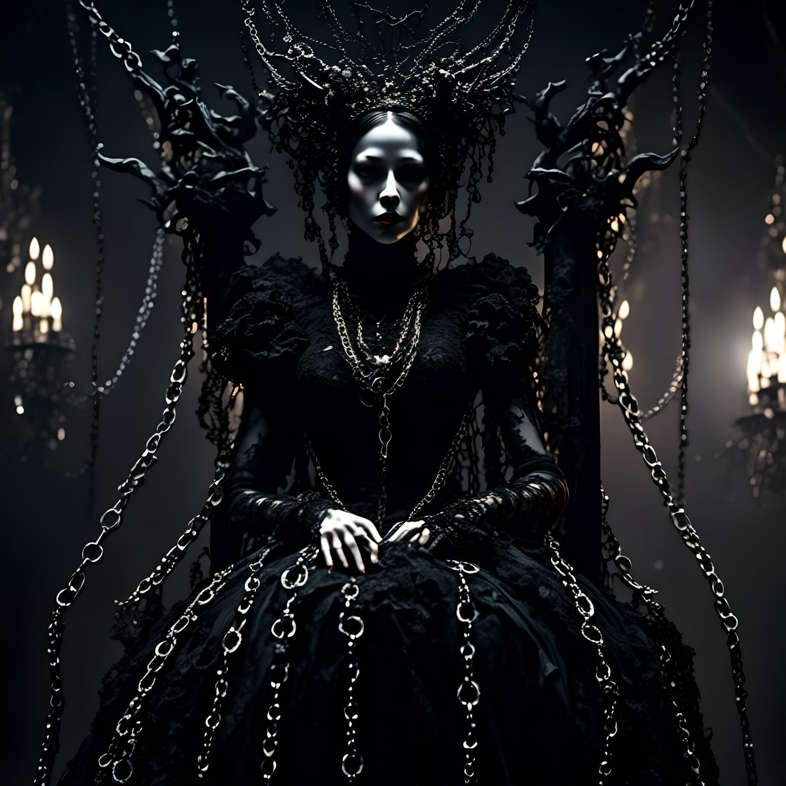 Chained Porcelain Doll Queen in Rococo Horrorcore Style