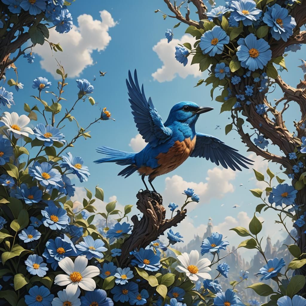 Bluebird with Blue Flower in Blue Sky