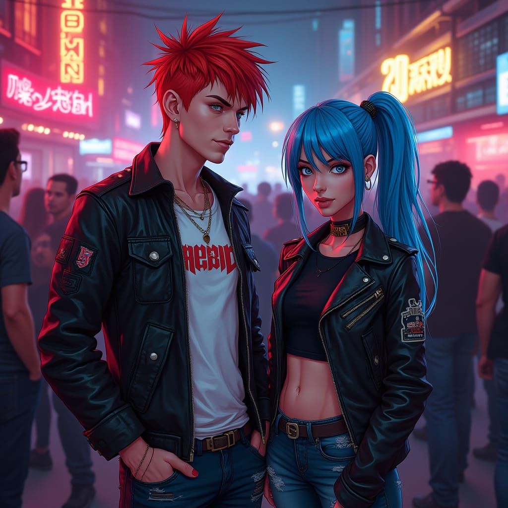 Punk Couple in Neon Club: Futuristic Digital Art