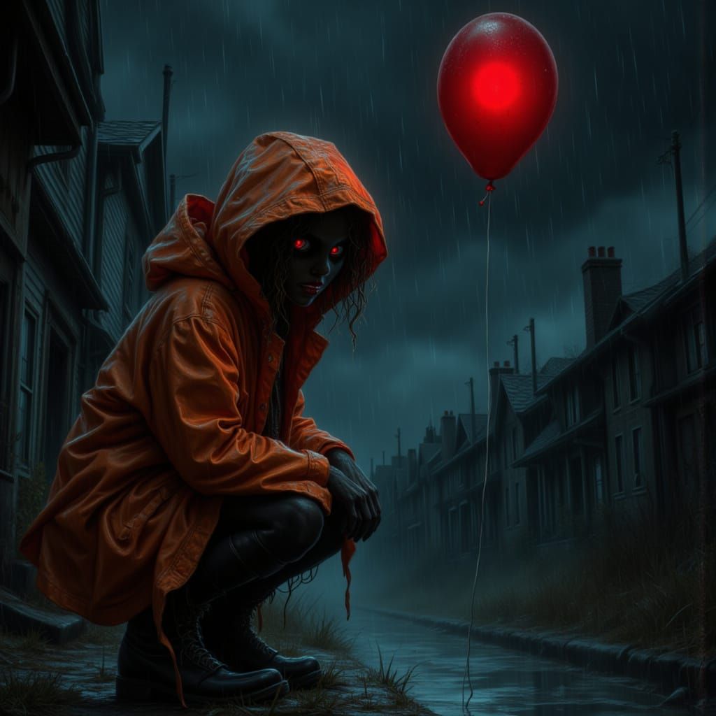 Creepy Woman with Button Eyes and Red Balloon Horror