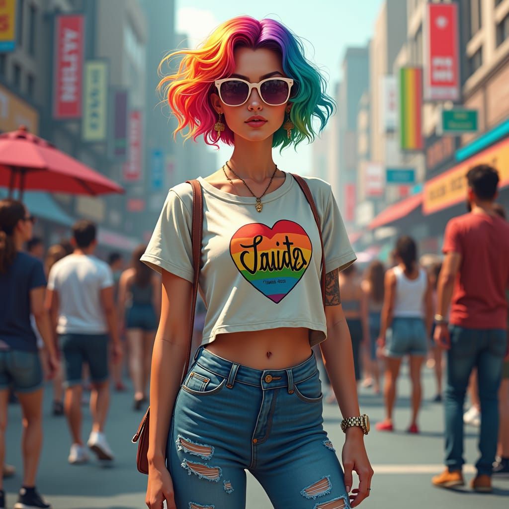 Rainbow-Haired Woman in Cityscape, Digital Art