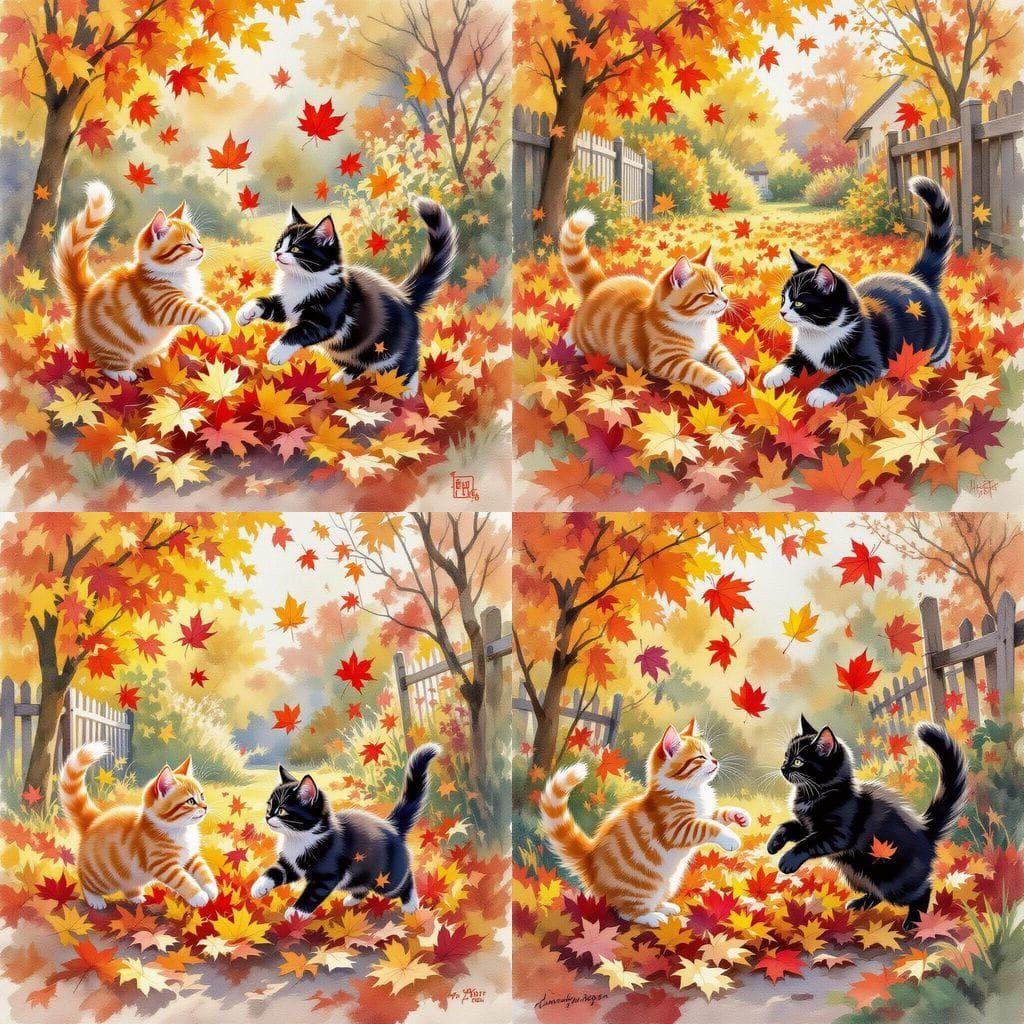Cats Playing in Autumn Leaves Watercolor