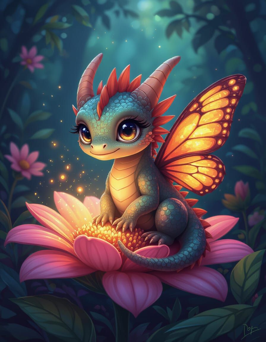 Cute Dragon with Butterfly Wings in Magical Forest