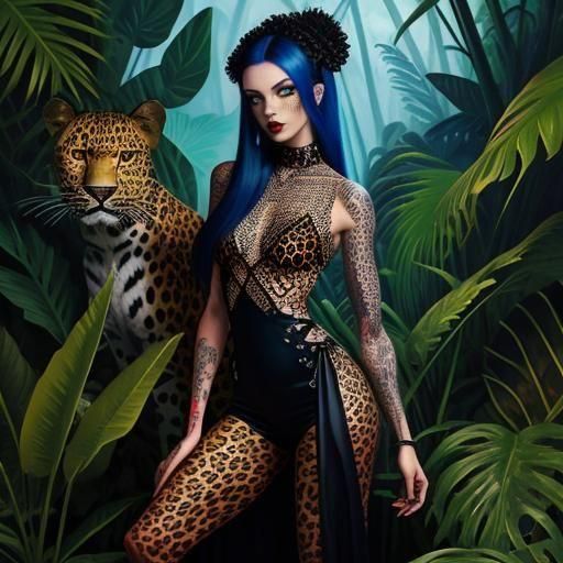 Leopard Goth Girl: Oil Painting in Lush Jungle