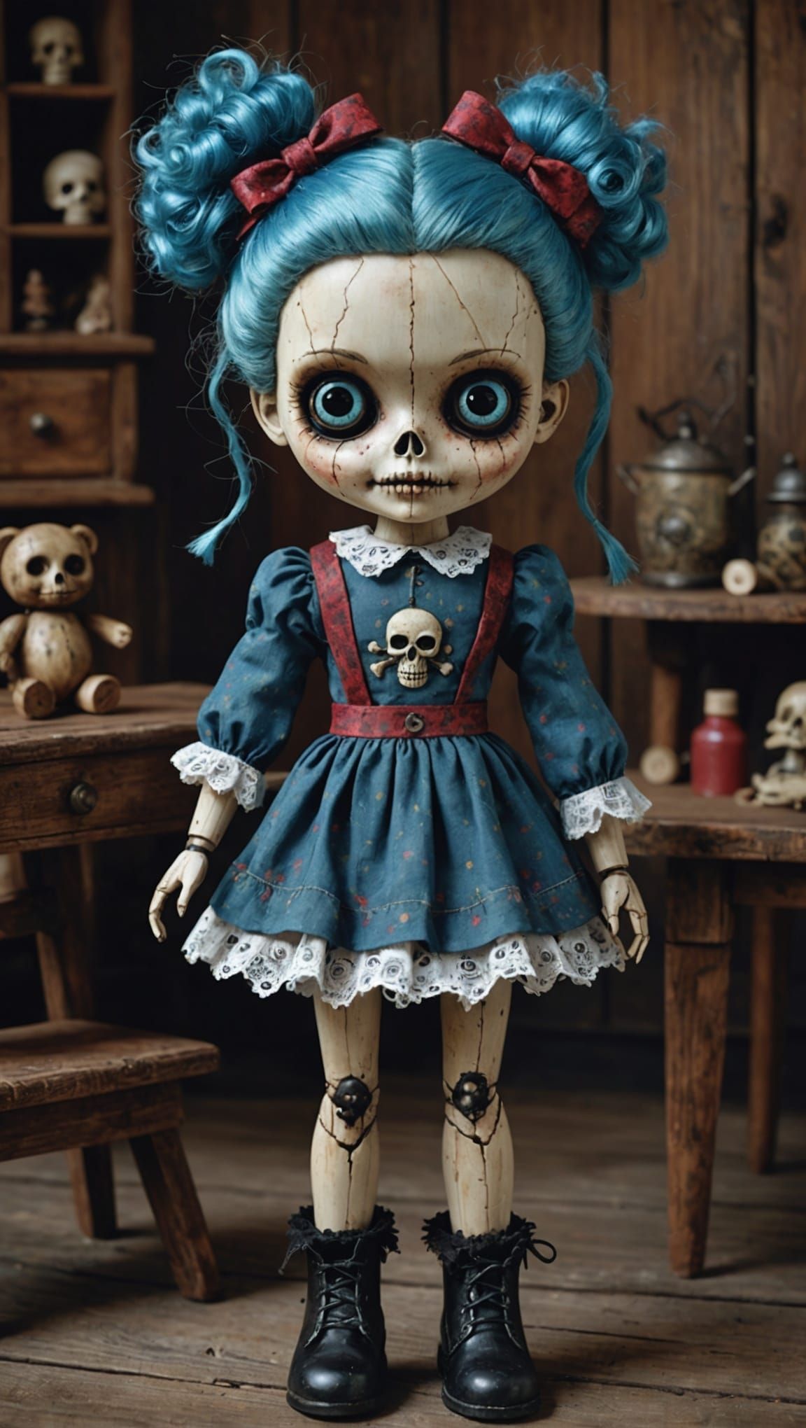 Creepy Doll with Teddy Bear in Lowbrow Style