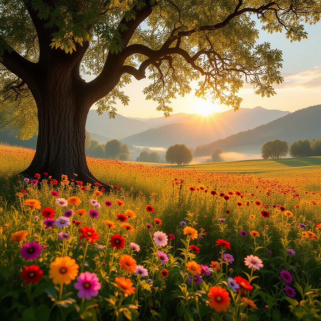 Sunlit Meadow with Blooming Flowers