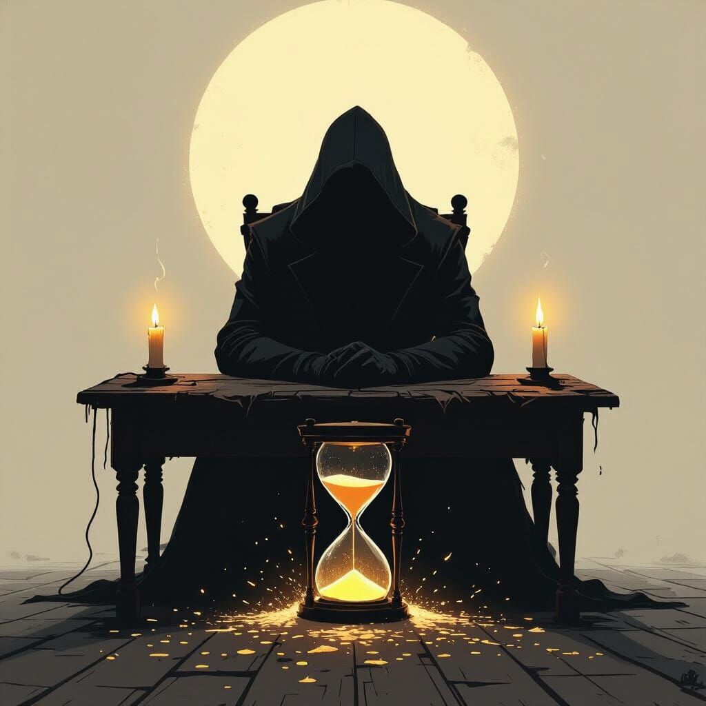 Silhouette at Desk with Shattered Hourglass