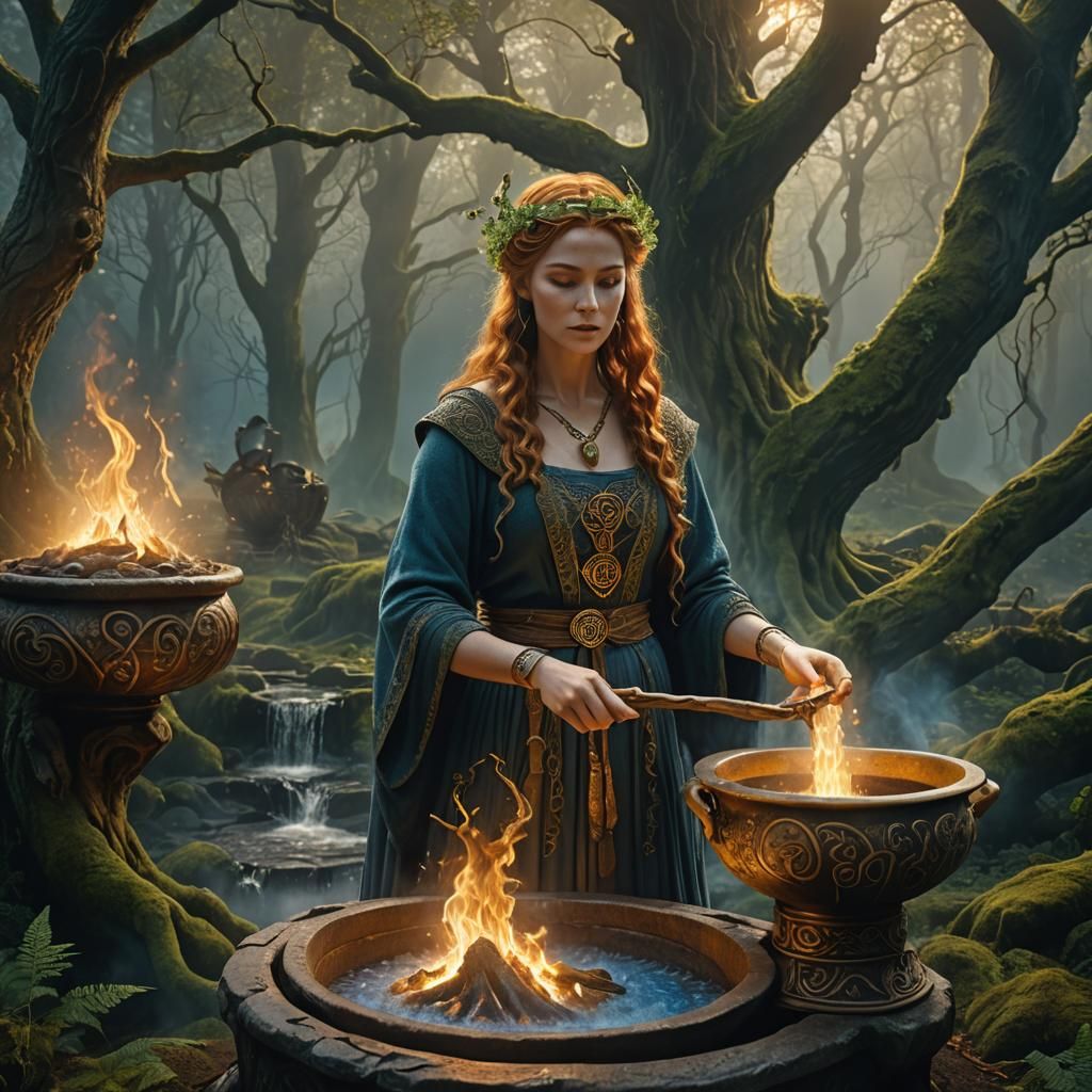 Ceridwen Stirring Cauldron in Mystical Forest